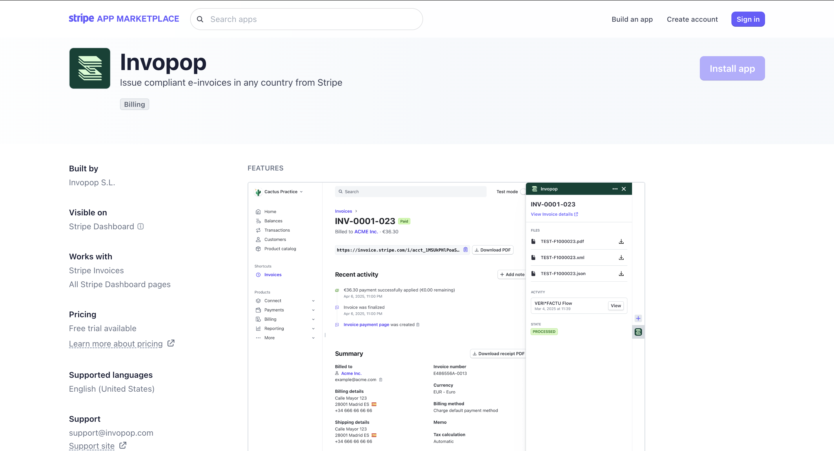 Invopop App in Stripe Marketplace