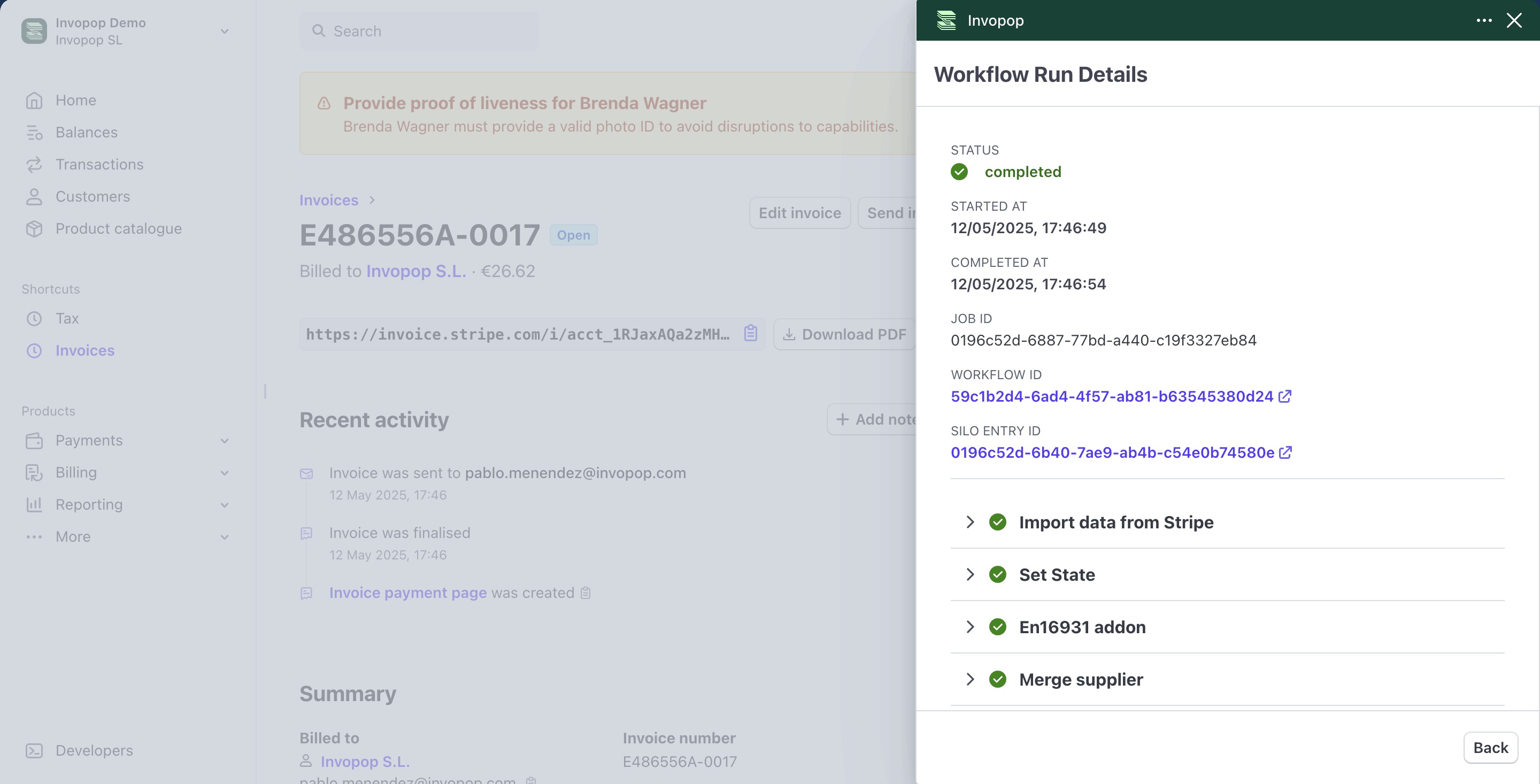 Invopop App workflow execution details
