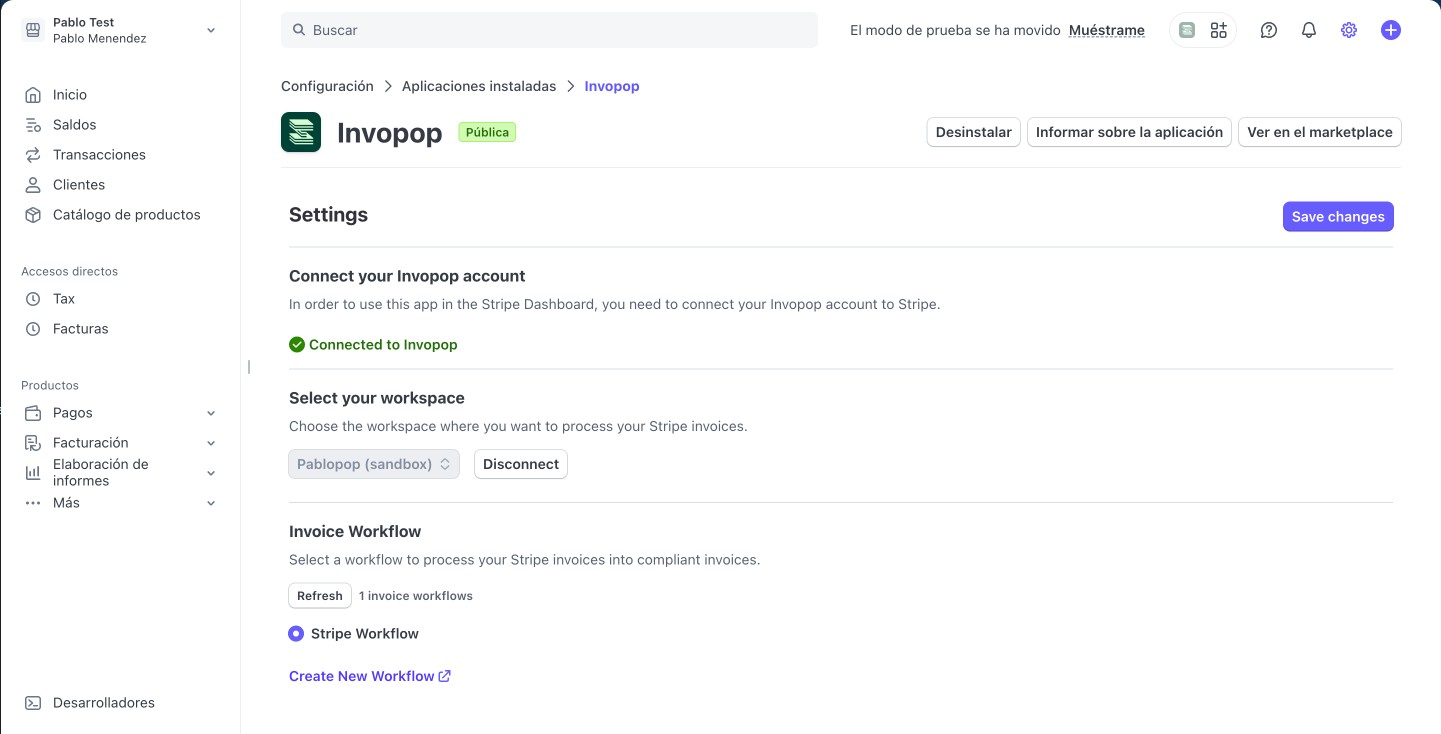 Invopop App settings page